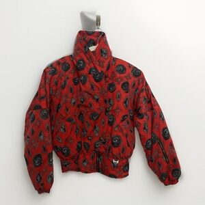 Nils Vintage Ski Jacket Red Black Floral Short Waist Women's Size 8/10 Hong Kong